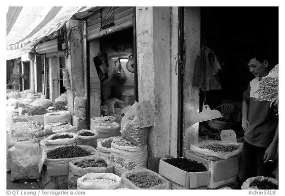 Dried food items for sale in the extended Qingping market. Guangzhou, Guangdong, China (black and white)