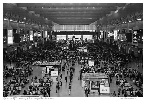 Hongqiao Railway Station main hall. Shanghai, China (black and white)