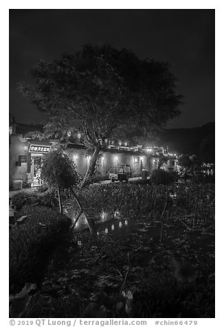 Houses reflected in Nanhu Lake at night. Hongcun Village, Anhui, China (black and white)