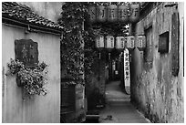 Alley with lanterns and plants. Hongcun Village, Anhui, China ( black and white)