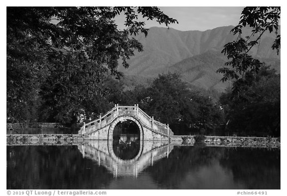 Bridge over South Lake. Hongcun Village, Anhui, China (black and white)