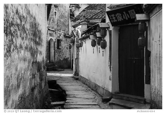 Alley with river. Hongcun Village, Anhui, China (black and white)