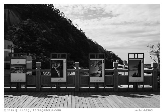 Photographs on display at overlook. Huangshan Mountain, China (black and white)
