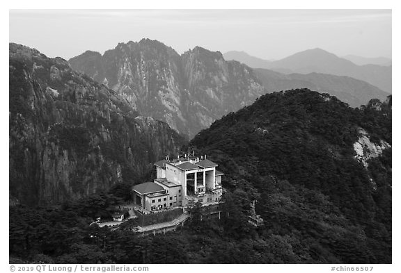 Cable car and station. Huangshan Mountain, China (black and white)