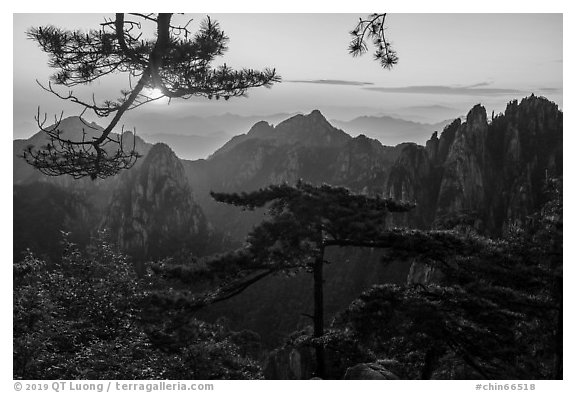 Sunrise. Huangshan Mountain, China (black and white)