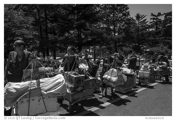 Porters resting heavy loads on pole. Huangshan Mountain, China (black and white)
