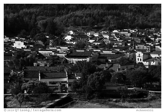 Village from above. Xidi Village, Anhui, China (black and white)