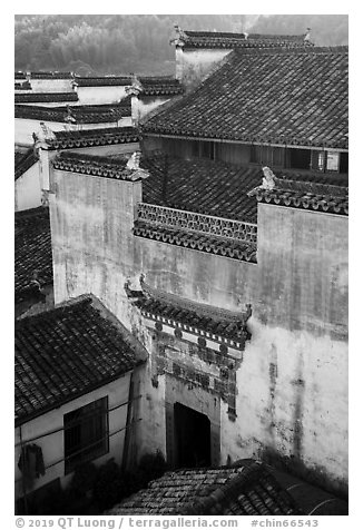 Historic house from above. Xidi Village, Anhui, China (black and white)