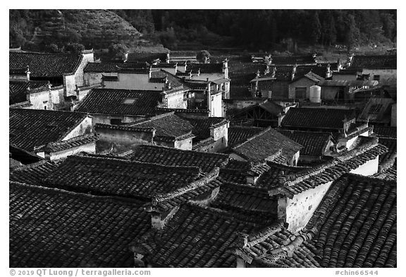 Slate tiled rooftops. Xidi Village, Anhui, China (black and white)