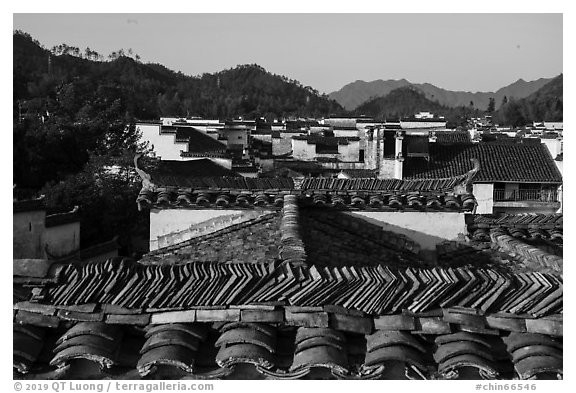 Slate tiles on roofs. Xidi Village, Anhui, China (black and white)
