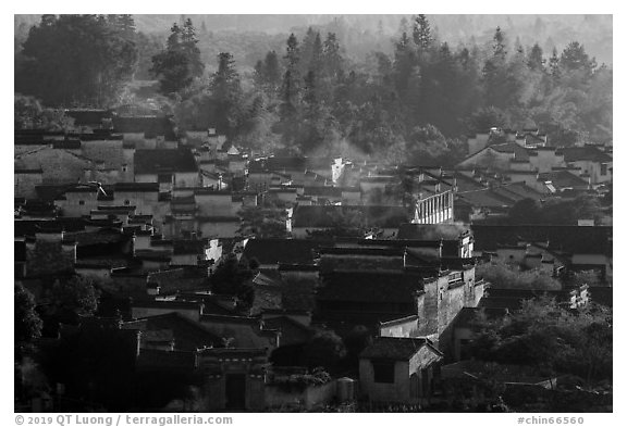 Village from above with morning mist. Xidi Village, Anhui, China (black and white)