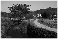 River, path and village. Xidi Village, Anhui, China ( black and white)