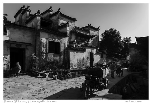 Street and traditional houses. Xidi Village, Anhui, China (black and white)