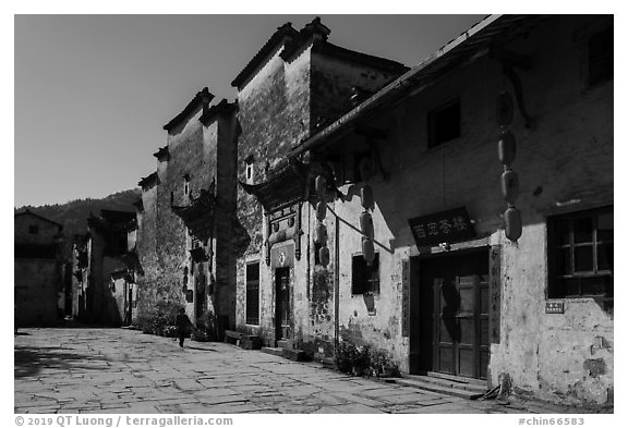 Plaza with historic houses. Xidi Village, Anhui, China (black and white)