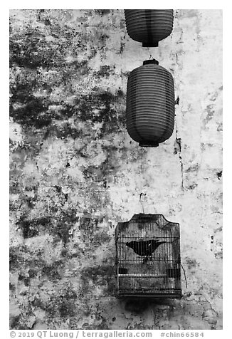 Caged bird and lanterns. Xidi Village, Anhui, China (black and white)