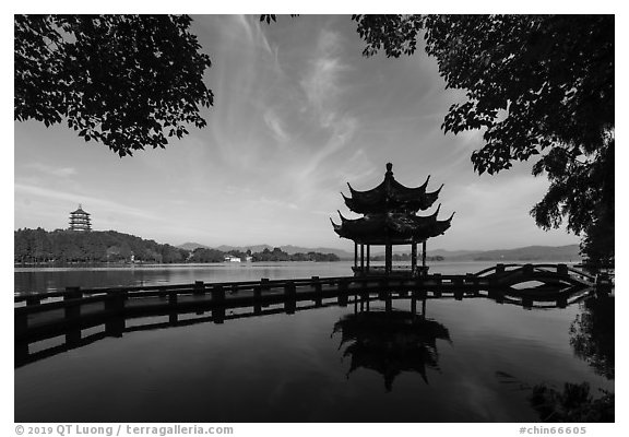 Long Bridge, pavilion, and Leifeng Pagoda, West Lake. Hangzhou, China (black and white)