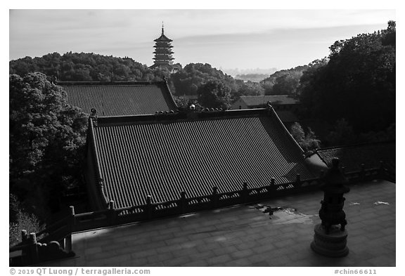 Roofs of Jingci Temple and Leifeng Pagoda. Hangzhou, China (black and white)