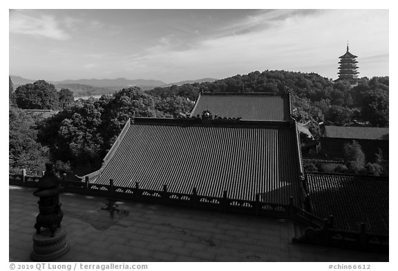 Leifeng Pagoda and lake from Jingci Temple. Hangzhou, China (black and white)