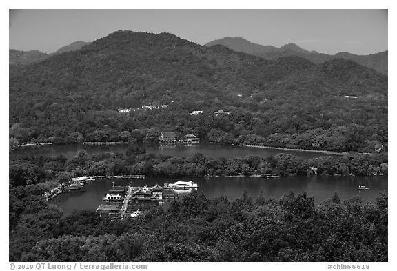 Hills, West Lake and causeway from above. Hangzhou, China (black and white)