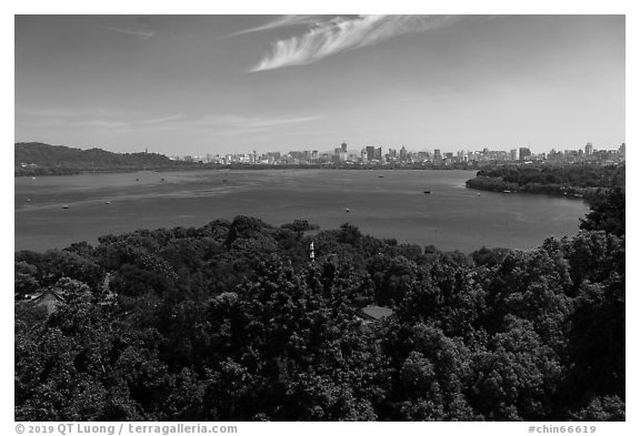 West Lake from Leifeng Pagoda with city skyline. Hangzhou, China (black and white)