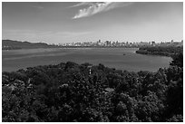 West Lake from Leifeng Pagoda with city skyline. Hangzhou, China ( black and white)
