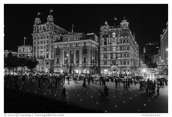 Colonial-area buildings illuminated at night, the Bund. Shanghai, China (black and white)