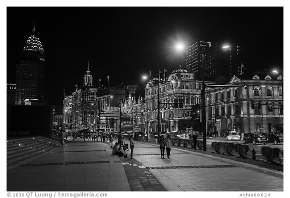 Bund Colonial buildings illuminated at night. Shanghai, China (black and white)