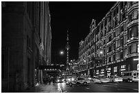 Colonial buildings and Oriental Pearl Tower at night. Shanghai, China ( black and white)