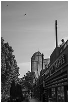 Stores on the Bund, with kites. Shanghai, China ( black and white)