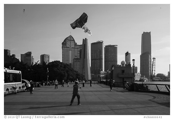 Kite and Peoples Memorial Tower, the Bund. Shanghai, China (black and white)