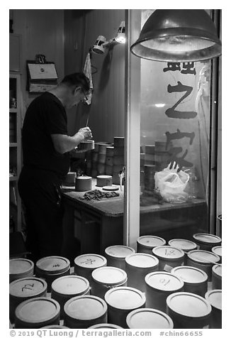 Man poking fighting crickets with stick. Shanghai, China (black and white)