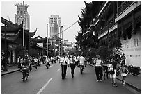 Fangbang Middle Road touristified old streets and modern towers. Shanghai, China ( black and white)