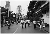 Fangbang Middle Road touristified old streets and modern towers. Shanghai, China ( black and white)