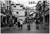 Old street with surveillance cameras. Shanghai, China ( black and white)