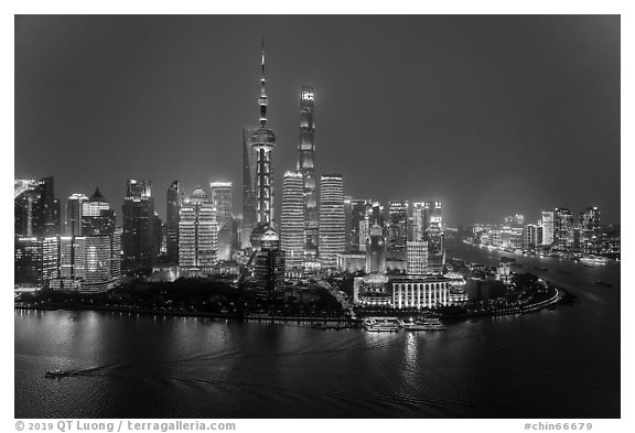 Shanghai skyline at night from above. Shanghai, China (black and white)