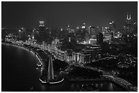 City skyline with illuminated Bund from above. Shanghai, China ( black and white)