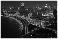 Illuminated Bund at night from above. Shanghai, China ( black and white)
