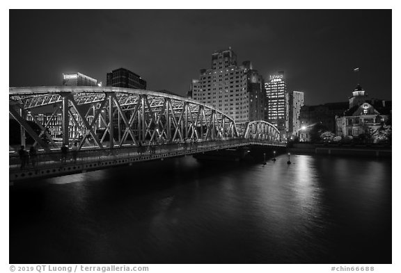 Garden Bridge at night. Shanghai, China (black and white)