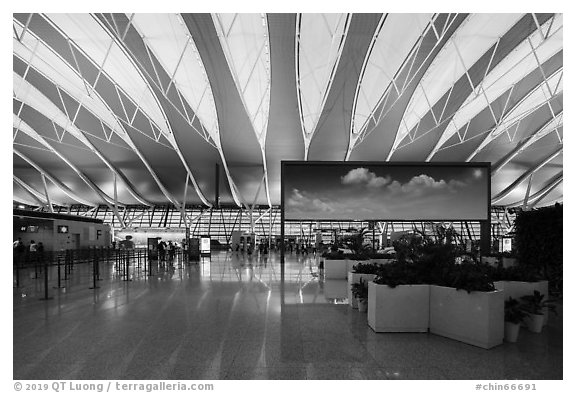 Sky panel in Pudong Airport. Shanghai, China (black and white)