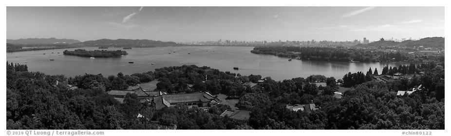 West Lake and city skyline. Hangzhou, China (black and white)