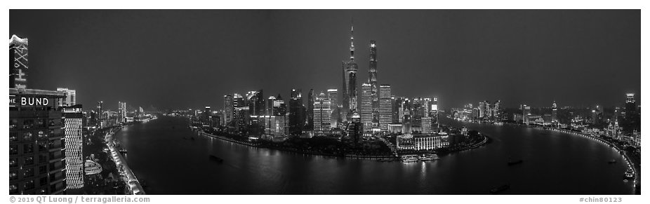 Shanghai Bund skyline at dusk from above. Shanghai, China (black and white)