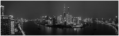 Shanghai Bund skyline at dusk from above. Shanghai, China (Panoramic black and white)