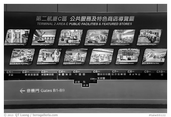Display of facilities at Taiwan Taoyuan International Airport. Taiwan (black and white)