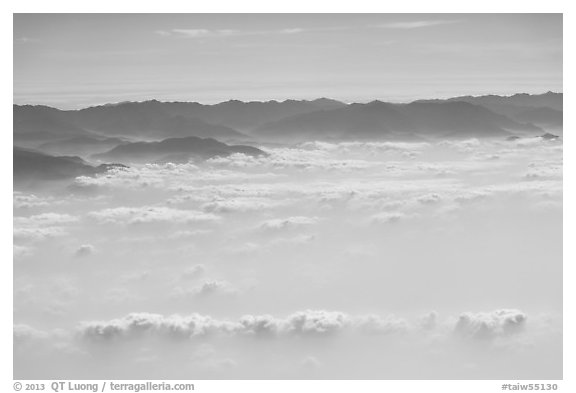 Aerial view of mountains above cloud layer. Taiwan (black and white)
