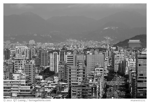 Old town center with jetliner and Grand Hotel in distance. Taipei, Taiwan (black and white)