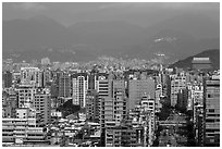 Old town center with jetliner and Grand Hotel in distance. Taipei, Taiwan ( black and white)