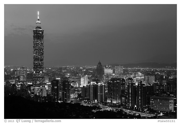 City skyline at dusk with Taipei 101 tower. Taipei, Taiwan (black and white)