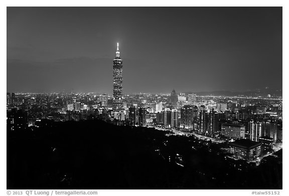 Taipei skyline from above at night. Taipei, Taiwan (black and white)
