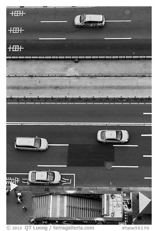 Taxis on street seen from above. Taipei, Taiwan (black and white)