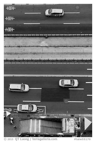 Taxis on street seen from above. Taipei, Taiwan (black and white)